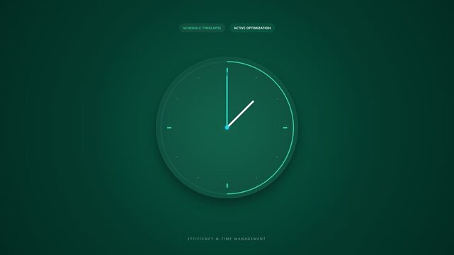 Minimalist digital clock animation with motion graphics on dark green background