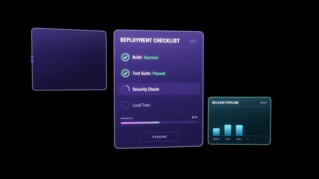 Software deployment checklist ticks build, test, security and load stages to deployed by a release pipeline
