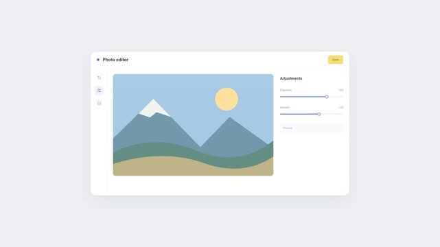 Photo editing software, UI/UX design and dashboard for graphic designer, creative tools and application. Interface, workspace and digital content with sliders, filters and photography app tool