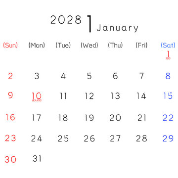 2028年シンプルカレンター 1月　曜日英語　リマインダー、予定、ビジネス、スケジュールなど