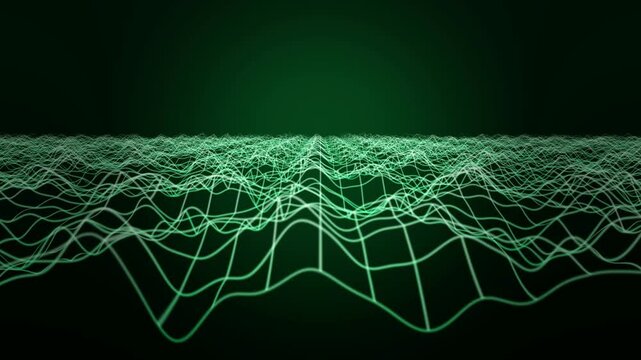 Glowing green wireframe grid landscape with rolling waves on dark