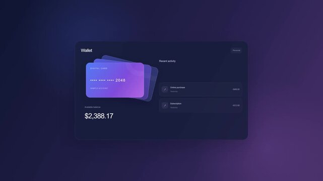 Credit card, digital and banking app interface for financial management and online payment. Fintech, wallet and money transaction with modern ui design, electronic account and cash transfer app UI