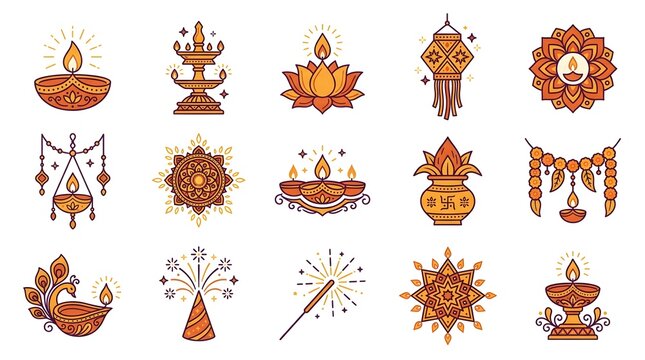Diwali Festival Decoration Set with Traditional Diya Lamps, Lotus Mandala, Hanging Lanterns, Marigold Garlands and Fireworks Illustrations