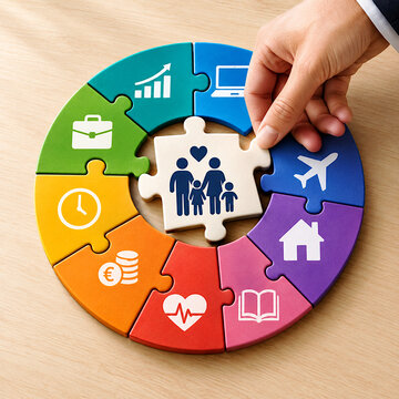 Conciliaci&oacute;n familiar y laboral puzzle conciliar, flexibilidad horaria con s&iacute;mbolos de trabajo, familia y hogar encajar pieza en vida y reducci&oacute;n de jornada