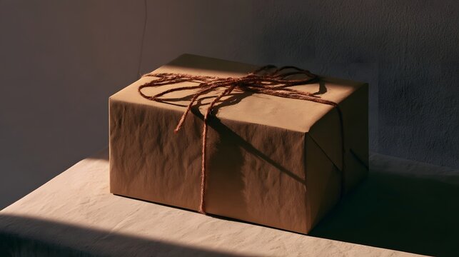 A simple brown paper wrapped box tied with twine sits on a surface bathed in warm  directional light  casting soft shadows