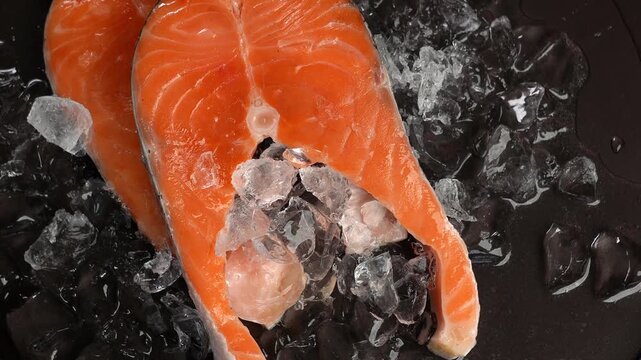 Top view of raw steak salmon with ice rotate on black tray. Pieces of ice falls on fresh fish. Chilled fish. Food