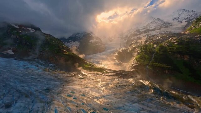 Clearing Storm After Rain Light Rays Over Aletsch Glacier Switzerland