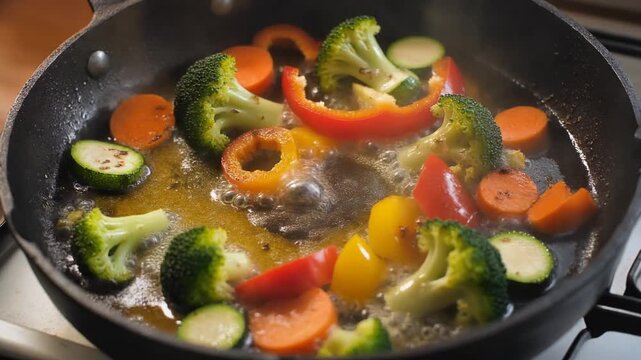 colorful vegetables cooking in oil with rising steam