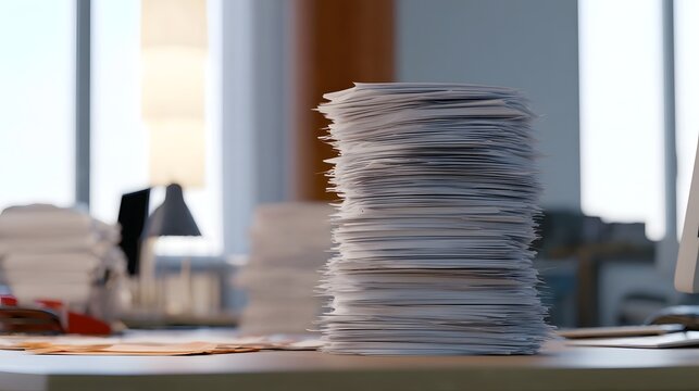 A tall stack of white papers sits on a desk in a modern office with blurred background elements