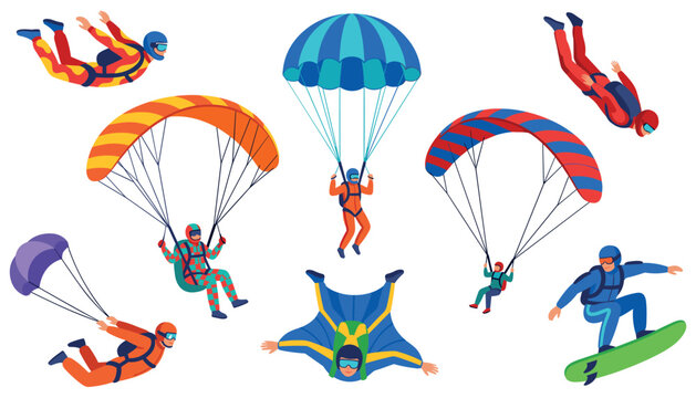 Skydiving and extreme air sports vector character set featuring paragliding skydivers wingsuit flying and parachuting on white background