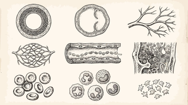 Vintage Human Circulatory System Illustrations with Blood Cells and Vessels.