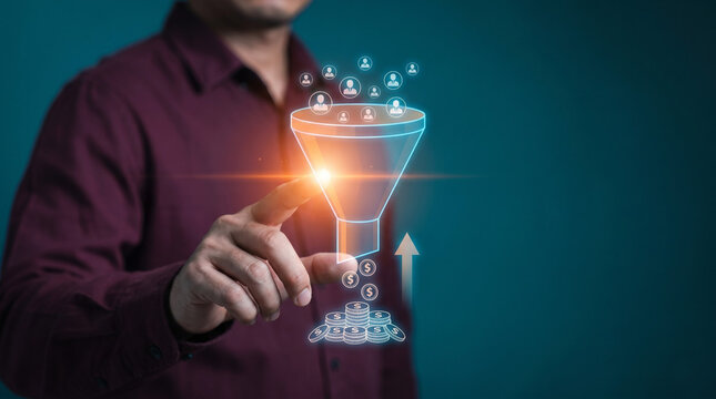 Sales funnel concept with customer icons and coins