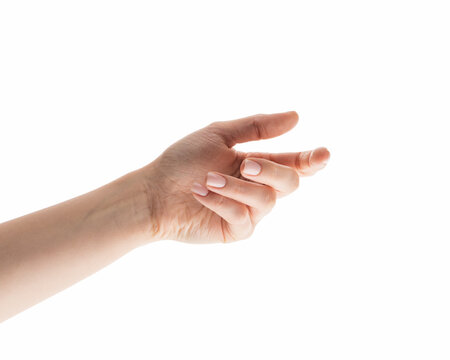 Young woman hand to hold something isolated on white background