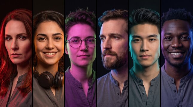 Diverse group of people portraits arranged in a vertical split screen format showing six multiethnic men and women with different facial expressions in various lighting conditions and dark backgrounds