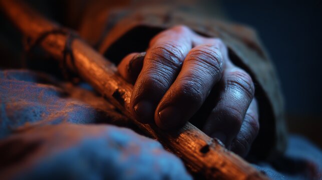 Close-up macro photograph of aged, rough hands firmly holding onto a rustic wooden walking stick