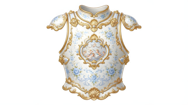 Fantasy rococo porcelain knight plate armor with delicate blue floral patterns, ornate gold baroque filigree trim, and cherub medallion isolated on white background   
