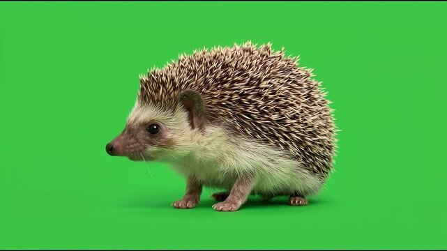 3D animation of a cute little hedgehog walking and sniffing around isolated on a green screen chroma key background, concept for wildlife, exotic pet, and educational animal video