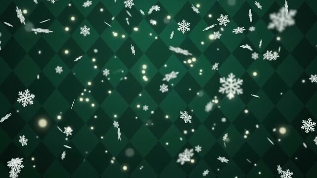 Snowflake pattern floats gracefully over a dark green diamond geometric backdrop.