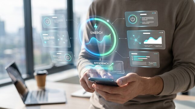 Energy efficiency monitoring application displayed on a smartphone screen with futuristic holographic user interface charts and data graphs floating in a modern office interior with a laptop