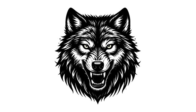 Fierce wolf head silhouette, sharp details, black vector illustration, isolated on white background.