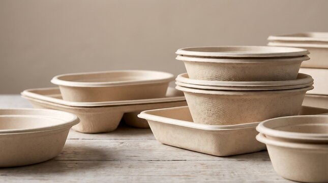 Eco friendly disposable bowls and plates stacked on a rustic wood background.