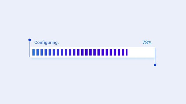 Animated purple progress bar with narrow vertical stripes, a percentage indicator, and configuring status text inside a white outlined track on a soft pastel background, ideal for software setup, syst