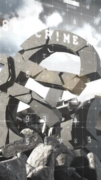 Vertical video: Faint glyphs intensifying, drifting and forming ransomware warning over broken euro