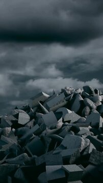 Vertical video: Camera panning down, rubble pile rising as clouds flashing lightning, showing storm