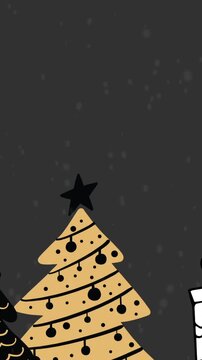 Vertical video: Snowfall starting, gold tree rising from bottom and revealing ornaments for card