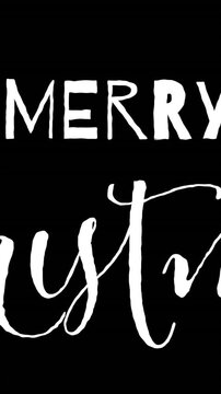 Vertical video: Black frame starting white text morphing into MERRY and forming cursive greeting