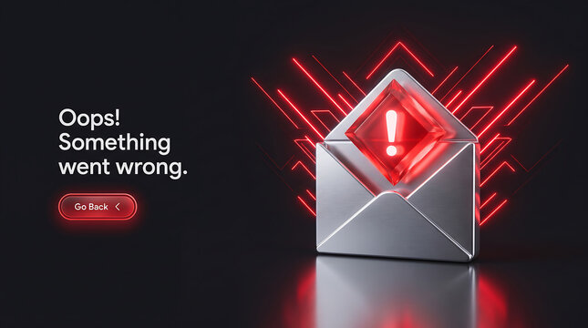 Oops something went wrong text with glowing red envelope icon on black background