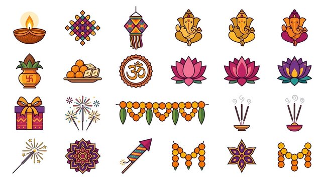 Colorful Diwali Festival Clipart Set with Lord Ganesha, Diya Lamps, Lotus Flowers, Rangoli, Marigold Garlands and Indian Decorations