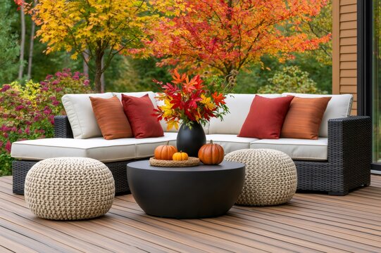 Autumn patio lounge with pumpkins and colorful fall foliage