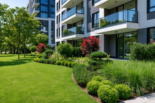 Modern apartment building beside a landscaped urban garden