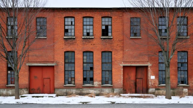Derelict red brick warehouse facade in winter with snow and bare trees
