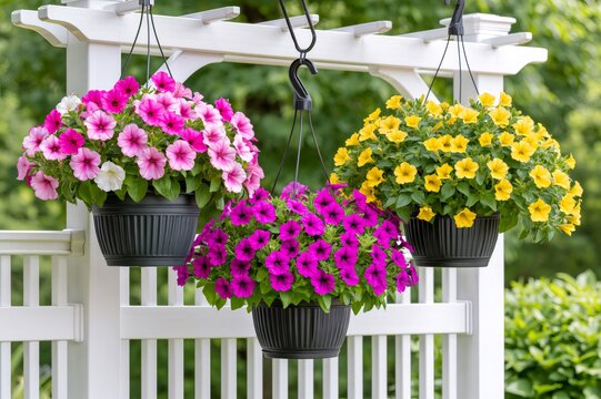 Colorful petunia flowers hanging in white garden pergola