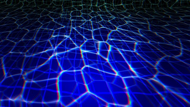 Glowing blue caustic grid in perspective fading into a dark horizon