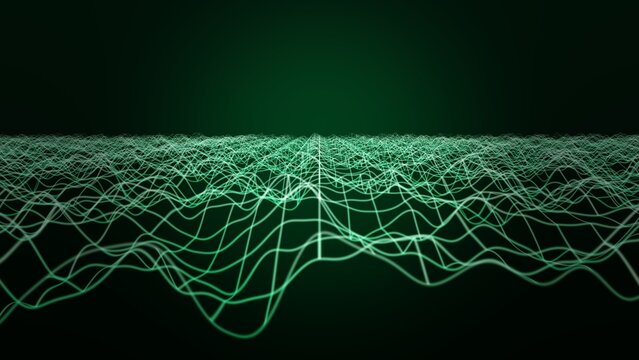 Glowing green wireframe wave terrain stretching to a dark horizon