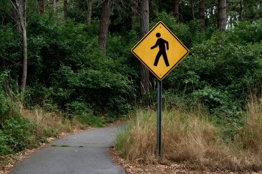 Pedestrian crossing sign marking a winding forest trail