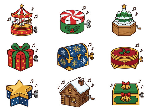 Festive Christmas music box collection, nine cartoon vector illustrations, holiday toys with wind-up keys and musical notes, cute gift box designs for seasonal greeting cards and decorations.