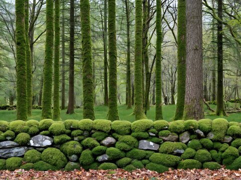 Mossy stone wall separating an enchanting woodland forest