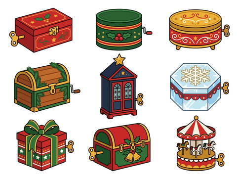 Festive Christmas music box collection. Nine retro wind-up tin toymaker illustrations. Red, green, and gold holiday gift cards vector set. Vector