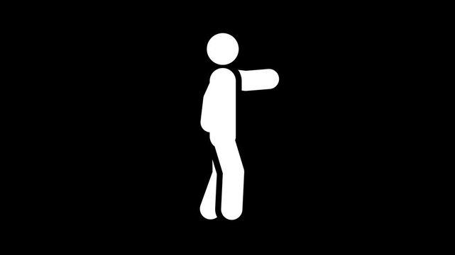 White stick figure walking with arm outstretched on black background.