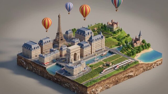 Animation de diorama 3D isom&eacute;trique d'un paysage urbain de Paris avec monuments et montgolfi&egrave;res
