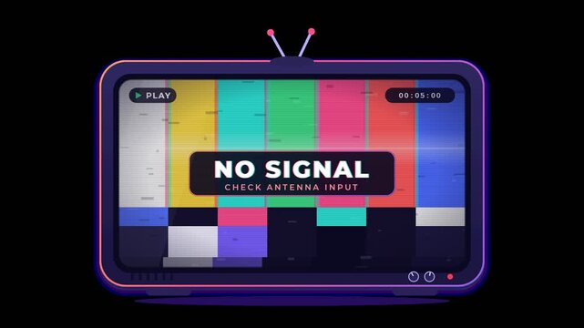 Retro television set displaying a colorful no signal test pattern with static noise.