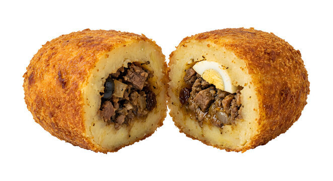 Peruvian papa rellena with oval potato croquette on White Background