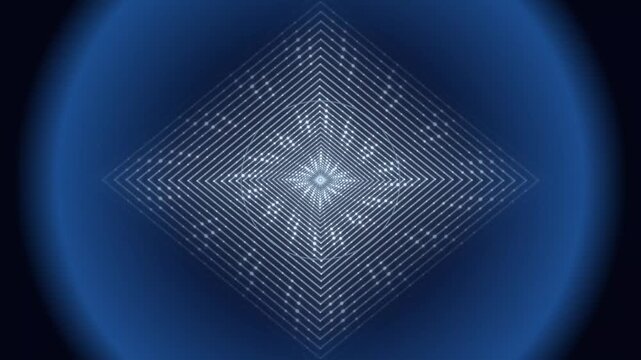 Abstract blue geometric tunnel with glowing diamond patterns and pulsing light motion background