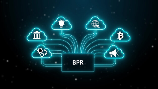 Glowing neon blue digital network diagram with bpr text in center, connected to cloud icons featuring a bank, lightbulb, globe, bitcoin, gears, and megaphone symbols on a dark background