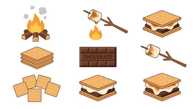 Vector illustration set of s'mores ingredients and campfire elements