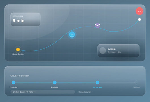 Glassmorphism Order Tracking UI Template, Modern Delivery App Dashboard Elements, Sleek Dark Mode Interface Vector Set